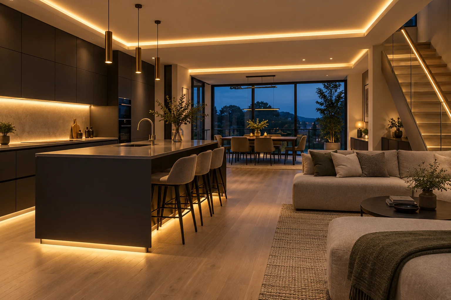 Warm concealed LED strip lighting in kitchen cabinetry, ceiling coves and stairs