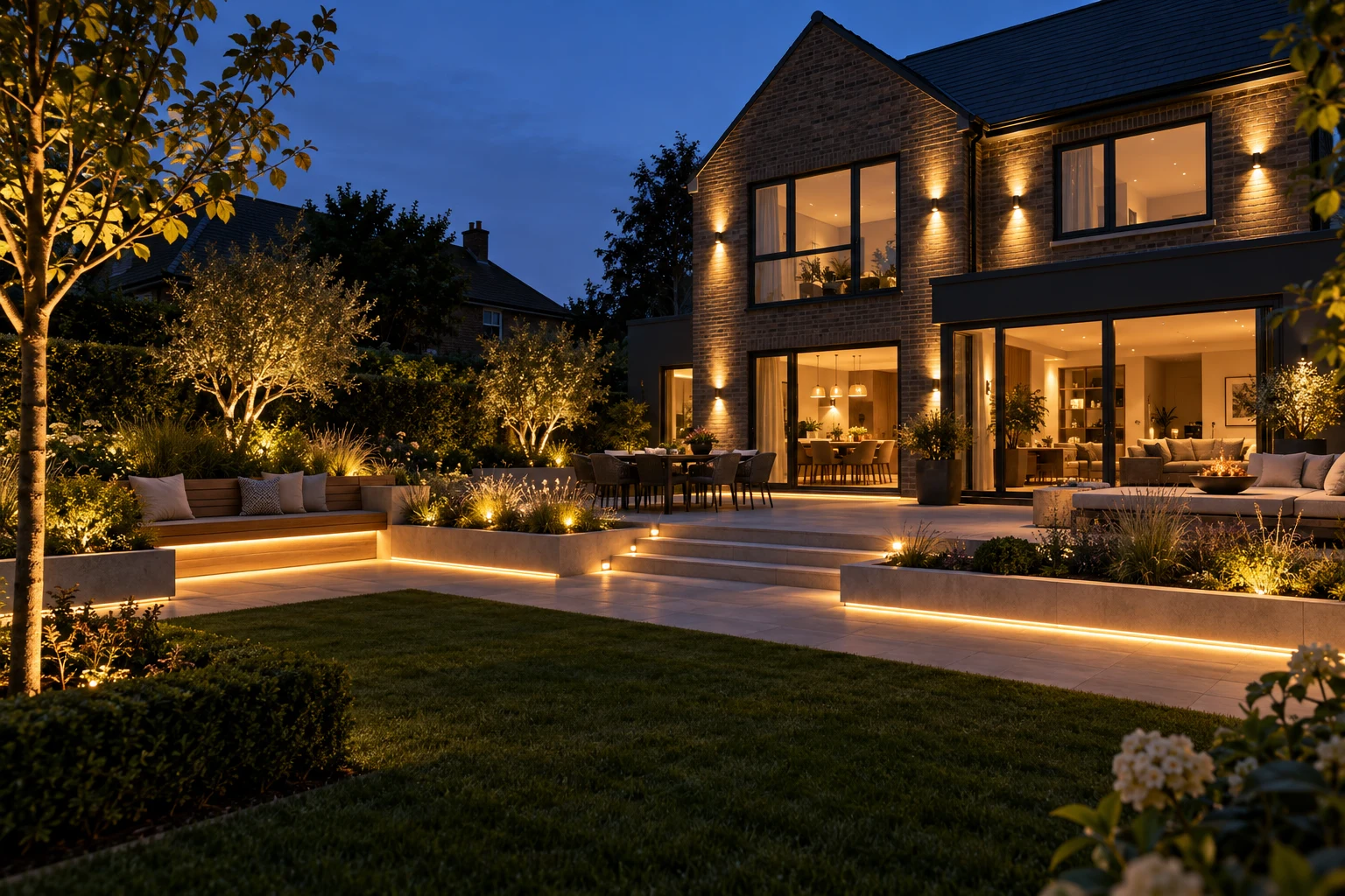 Outdoor lighting concept with garden uplights, illuminated steps and warm LED planter strips